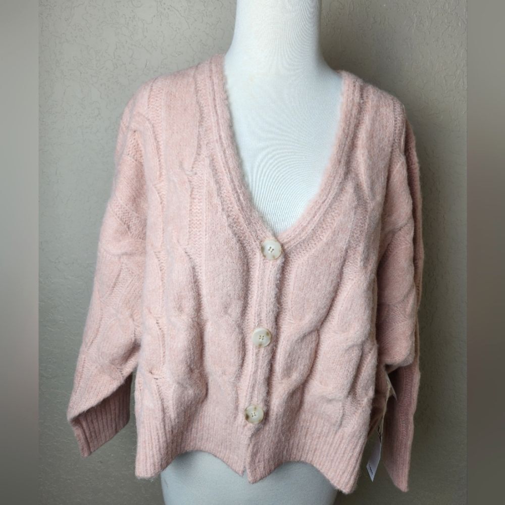 Lucca Cable Knit Long Sleeve Sweater Cardigan Pink Size M